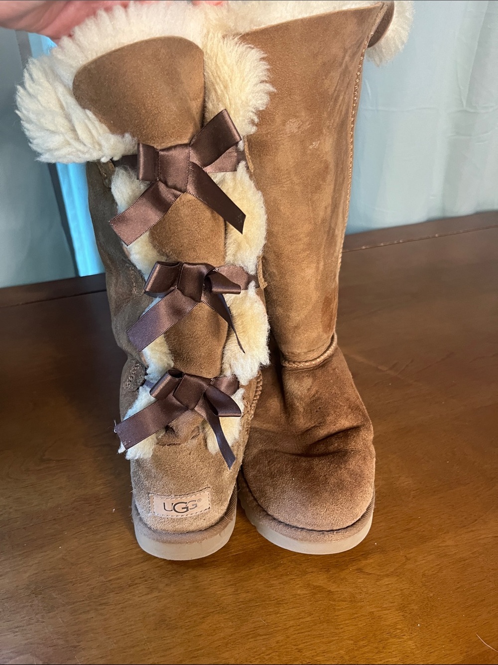 UGG Chestnut Suede Tall Boots with Shearling and Satin Bows Bailey Bow